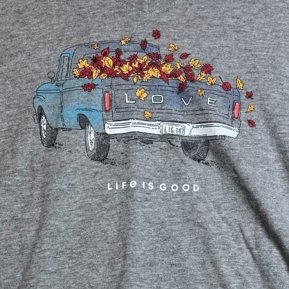Life is Good Crusher Tee Truck with Leaves Graphic V Neck Top‎ XL Fall Autumn - Picture 4 of 5